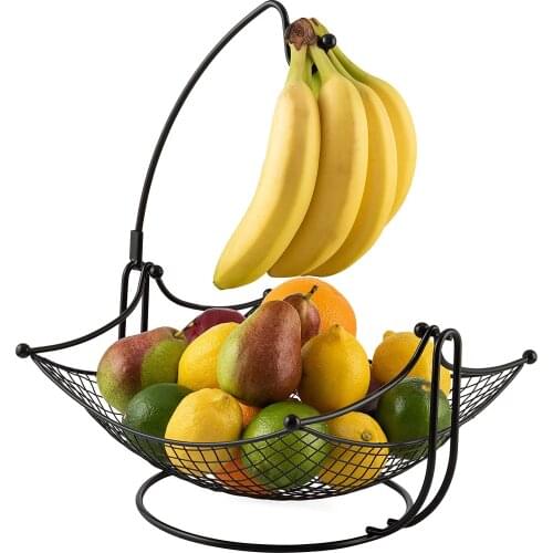 Dinette Décor Fruit Bowl with Banana holder, Fruit Basket with Detachable Banana Hanger Black, Chrome or Bronze Color Options.,b