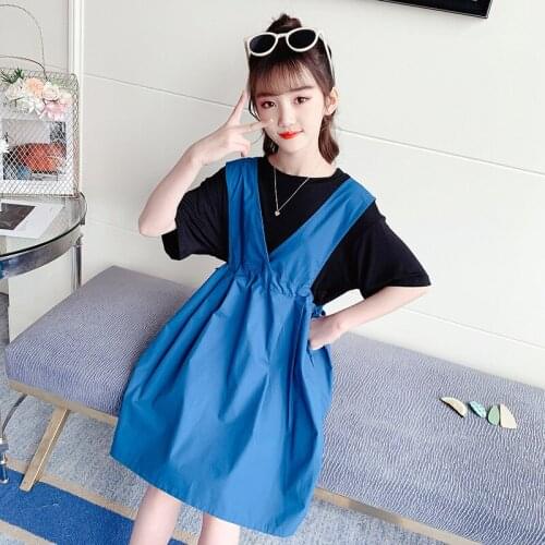 Children Clothes Girls Summer 2021 New University Teenager Fashionable Strap Skirt + White T-shirts 2 Pieces Sets