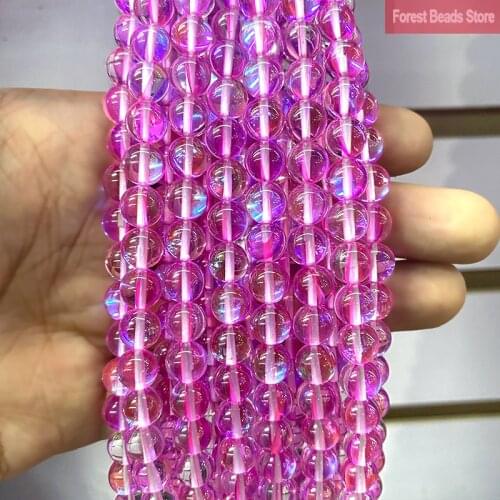 Smooth Rose Pink Austria Crystal Round Beads Glitter Moon Stone for Jewelry Making DIY Bracelet Necklace 15" Strand 6 8 10 12MM