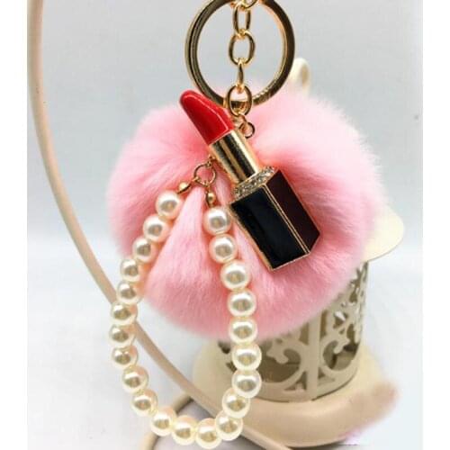 Hot sale Sexy Lipstick Fur Ball Keychain - Rex Rabbit Fur Pom Pom Plush Key Chain Keyring men women keyring EH430