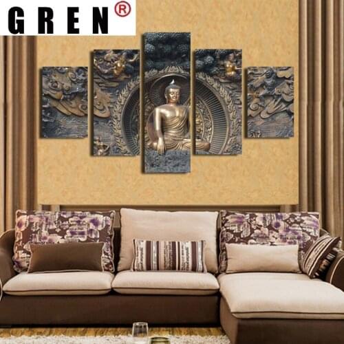 GREN 5 Panels Figure Buddha Modern Religion Canvas Wall Art Poster Living Room HD Print Painting Modular Pictures Home Decor