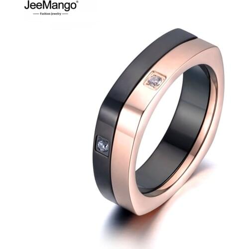 JeeMango OL Design CZ Crystal Stainless Steel Spinner Ring Rose Gold/Black Anniversary Wedding Rings For Women Jewelry JR19012