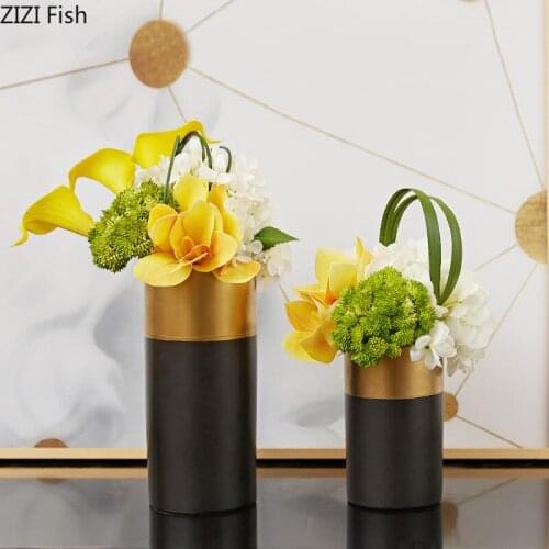 Black Gold Ceramic Vase Artificial Flowers Floral Flower Arrangement Matt Porcelain Vases Home Decoration Accessories Modern