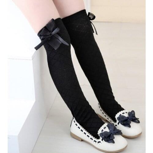 Fashion Girls Tube Stockings Knitted Cotton Lattice Lace Bowknot Children Dance School Uniform Stockings