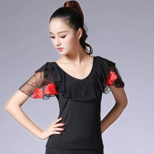 National Standard Dance Blouse Girls Modern Dance Jacket Short Sleeve Female Ballroom Dance Trumpet Plus Size Dance Top D-0030