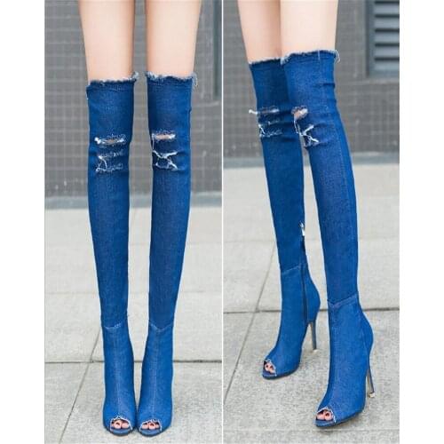 New womens over the knee boots high heel, denim, stretch cloth, fish mouth shoes fashion casual shoes womens shoes shoes HKGS