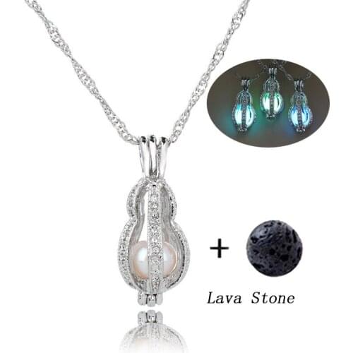 Glow in the Dark Necklace with Silver Color Peanut Shaped Lava Stone Locket Essential Diffuser Oil Necklace for Unisex Jewelry