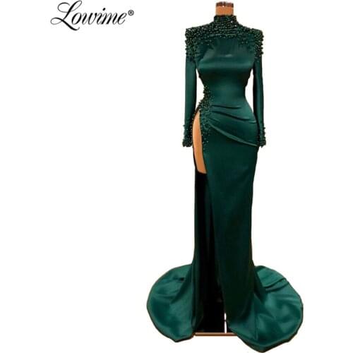 Vintage Handmade Beaded Green Evening Dresses High Split Side Satin Party Dress 2020 Dubai Kaftans Saudi Arabic Prom Gowns