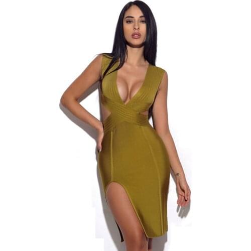 Hot Sexy Solid Side Slit Keyhole Sleeveless V Neck Cut Out Keen Length Bandage Sheath Party Dress
