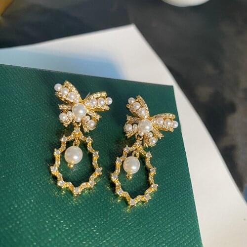 Pearl Bowknot Water Droplets Style Dangle Earrings S925 Silver Needle Hollow Cute Princess Earrings Ear Jewelry