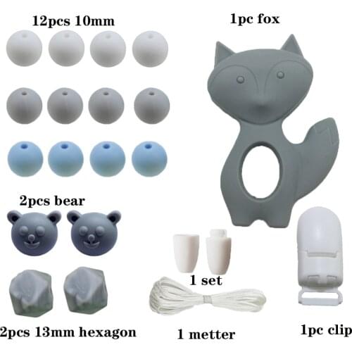 Silicone Teether loose Beads Set BPA Free DIY Baby Teething Necklace Toy Cartoon Owl fox Rose Pacifier chain Clip nylon Rope