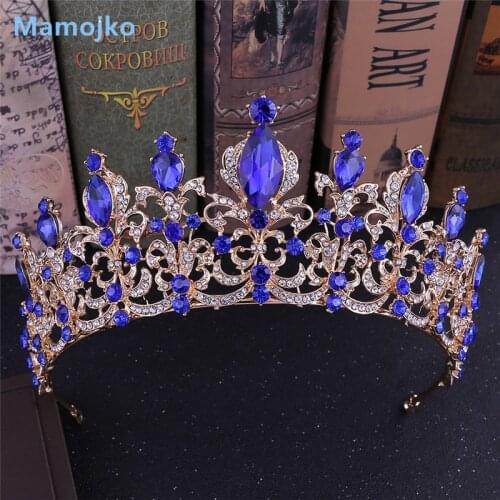 Mamojko Luxury Baroque Crystal Wedding Bridal Tiara Diamante Royal Blue Red Crown Pageant Prom Bride Hair Jewelry for Bridesmaid
