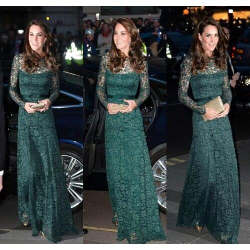 Kate Hunter Green Evening Dress Full Lace Illusion Long Sleeves Formal Mother Holiday Wear Prom Party Gown Custom Made Plus Size