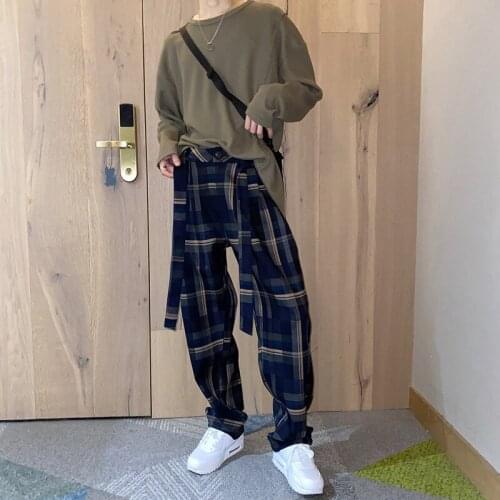 2021 Spring Harajuku BF Style Street Retro Plaid Casual Pants Mens All-match Straight Leg Pants Personality Handsome Trousers