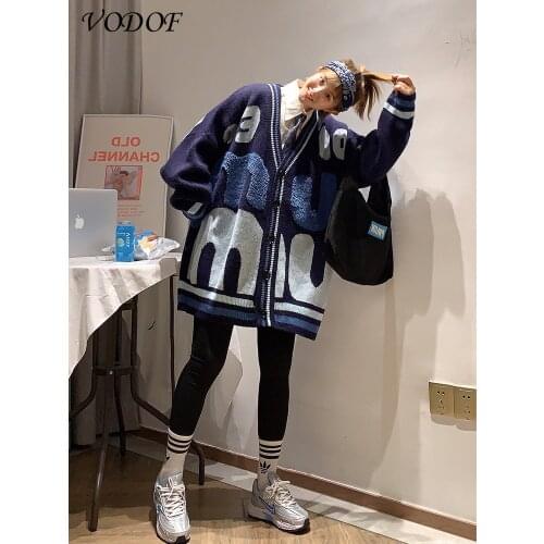 VODO 2021 Women Oversized Cardigans V Neck Letters Embroidery Casual Patchwork Loose Jumpers Thick Warm Spring Knit Jacket Coat
