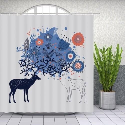 Art Deer Shower Curtains Set Creative Design Animal Themed Pattern Print Bathroom Decor Waterproof Polyester Fabric Curtain