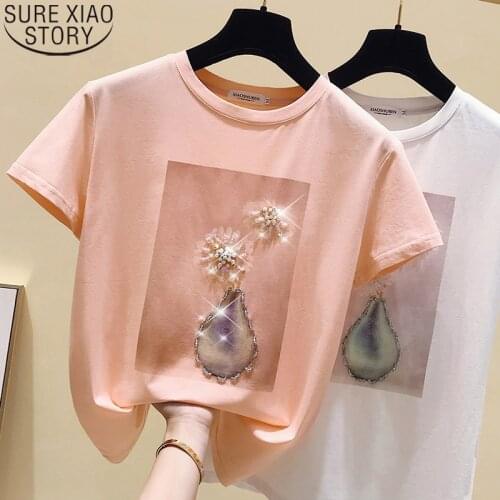 Cotton Women T Shirt 2021 Summer Sweet Short Sleeve Tops Casual Loose Beaded Print T-shirt O-neck Pink Clothes Shirts New 9639