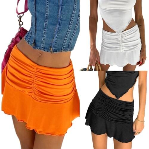 Women Casual Pleated Hem Skirt, Solid Color Elastic Waist Short Skirt, Black/ White/ Orange Young Style Skirt
