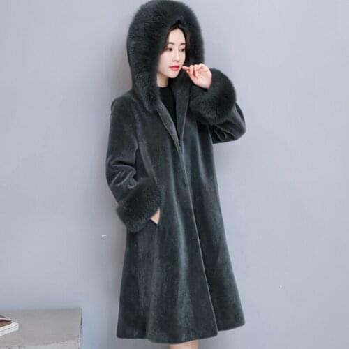 New Wool mink fur Coat Women Winter jacket luxury Fox fur collar Hooded Warm Outerwear Sheep shearing long Coat