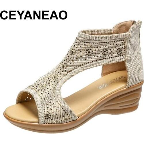 CEYANEAOSummer Women Premium Orthopedic Open Toe Sandals Vintage Anti-slip Breathable Leather Casual Female Platform Retro Shoes