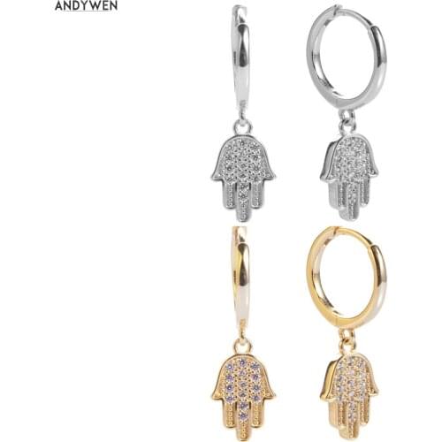 ANDYWEN 925 Sterling Silver Hand Drop Earrings Circle Hamsa hand Wedding Earrings Jewellery For Woman Crystal Zircon CZ Luxury