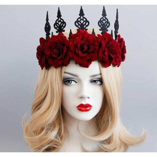 Lady Queen Head Wreath Vintage Gothic Black Crown Red Roses Tiara Headband Halloween Party Masquerade Cosplay