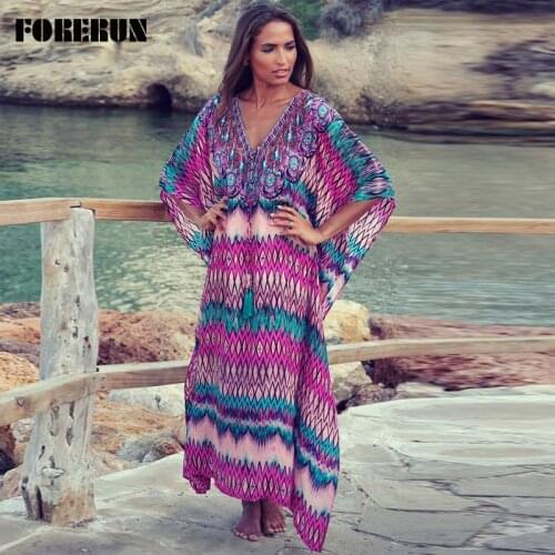 FORERUN Women Bikini Cover Up Kaftan Summer Boho Beach Dress Colorful Long Maxi Saida De Praia Beachwear Pareos De Playa Mujer