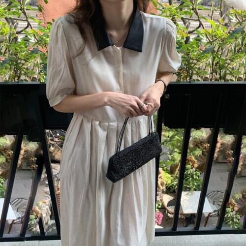 Women Summer Beige Long Shirt Pleated Dress Sashes 2021 New Patchwork Peter Pan Collar High Waist Loose Midi Sundress