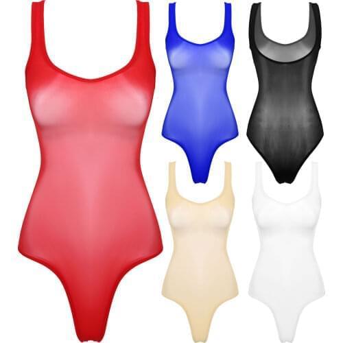 Women Glossy Scoop Neck Bodysuit Sleeveless One Piece Exotic Underwear See-through Leotard Party Honeymoon Bodycon Sexy Lingerie