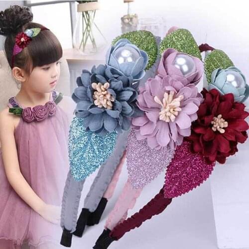 12pcs Fashion Cute Glitter Floral Hair Sticks Solid Pearl Flower Hairbands Headbands Princess Headwear Girls Hair Accessories