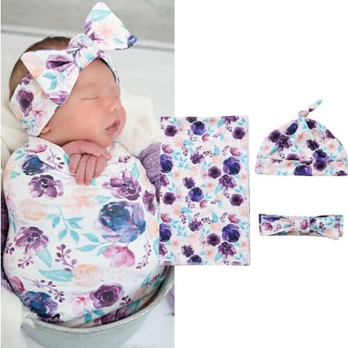 2019 Newborn Baby Floral Snuggle Swaddling Wrap Blanket Baby Boy Gril Print Sleeping Bag Swaddle Headband Hat 3Pcs Towel 80*65cm