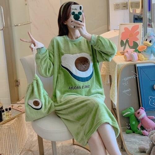 2021 Winter Long Sleeve Thick Warm Flannel Loose Nightgowns For Women Print Coral Velvet Sleepwear Night Dress Nightdress Nighty