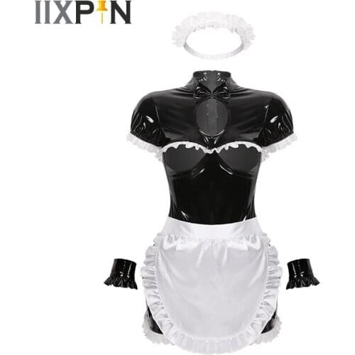 4Pcs Womens Maid Cosplay Sexy Costumes Maid Outfit Short Sleeves Open Chest Bodycon Mini Dress Sexy Role Play Maid Costume