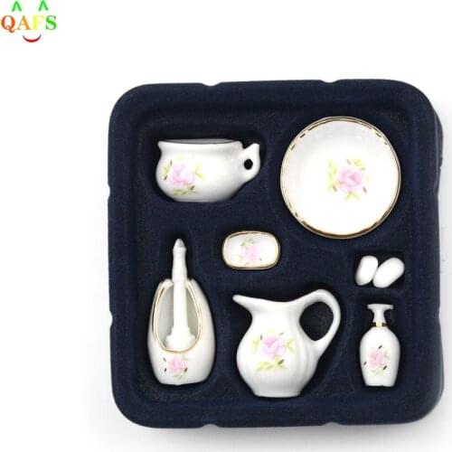 8Pcs/lot 1/12 Miniature Set Floral Ceramic Pastel Rose Dollhouse Bath Decoration Dolls Gift Kits Dollhouse Bathroom Accessories