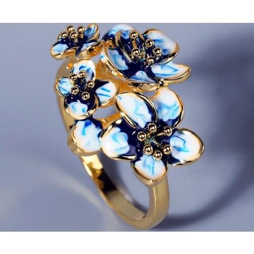 925 Silver Creative Blue Flower Enamel Epoxy Zircon Ring For Women Jewelry Wedding Party Engagement Ring Bohemia