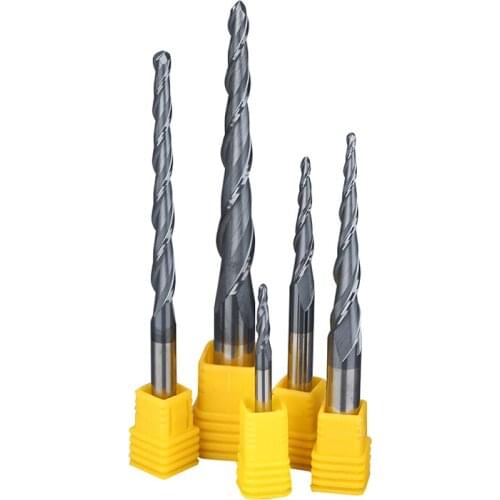 Freeshipping 1pc HRC55 2F Tungsten solid carbide Coated Tapered Ball Nose End Mills cone milling cutter wood knife tools