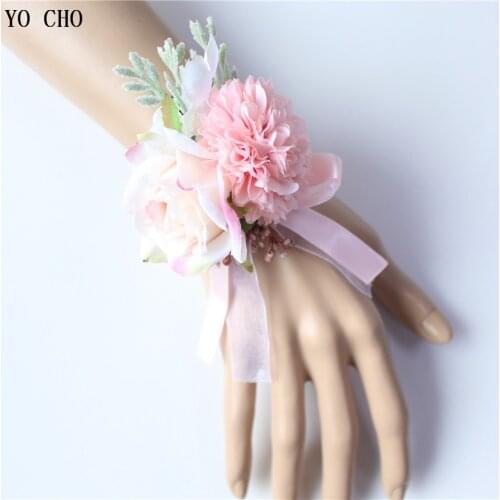 YO CHO Wedding Wrist Corsage Bracelet Flowers Silk Rose Cuff Bracelets Bridesmaid Wedding Corsages Bracelet for Bride Witness