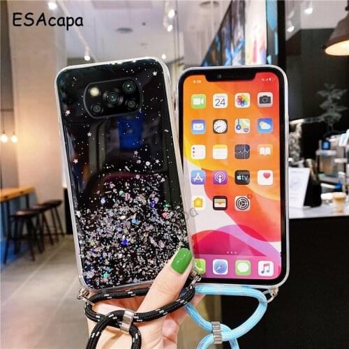 For Xiaomi POCO X3 Pro M3 F3 Case Cover Strap Cord Chain Lanyard Case For POCO X3 NFC M 3 F 3 Glitter Bling Silicone Cover Capa