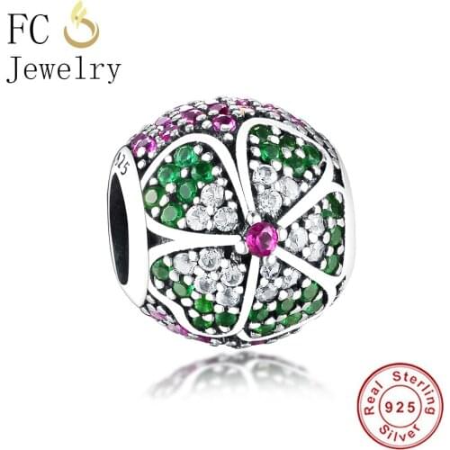 FC Jewelry Fits Original Brand Charms Bracelets 925 Sterling Silver Green Zirconia Flower Beads for Making Women Berloque DIY