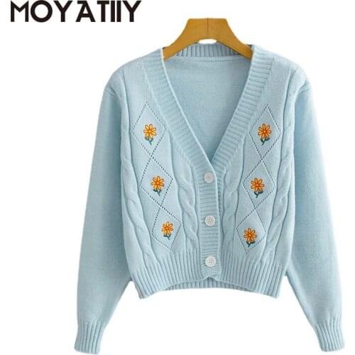 MOYATIIY Fashion Women Cardigan Sweaters Spring Autumn Hollow Jumper Sweet Embroidery Flowers Print Cardigan Coat Outwear Tops