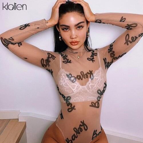 KLALIEN 2021 Summer Sexy Letter Print Transparent Mesh Bodysuits Long Sleeve See Through Baby Bodycon Rompers Women Jumpsuits