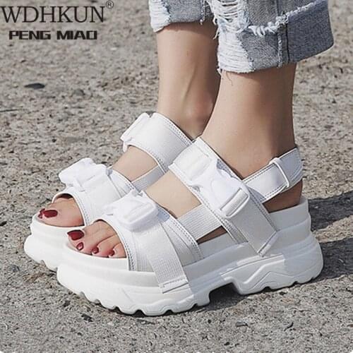WDHKUN Summer Women Sandals Buckle Design Black White Platform Sandals Comfortable Women Thick Sole Beach Shoes