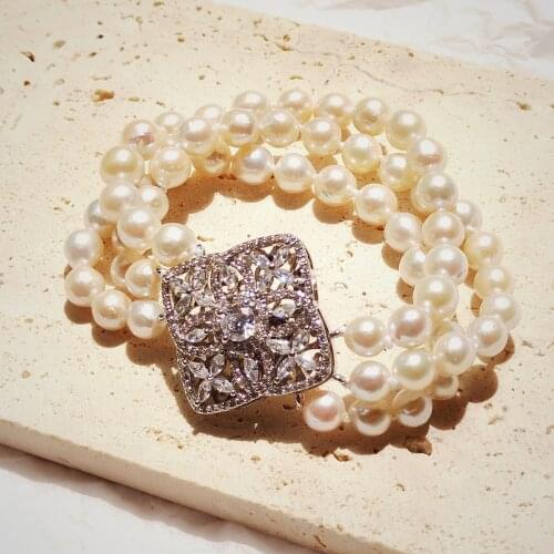 Lii Ji Real Pearl Bracelet Zircon Clasp High Luster Freshwater Pearl 6-8mm 3rows Statement Bracelet Women Wedding Party Jewelry