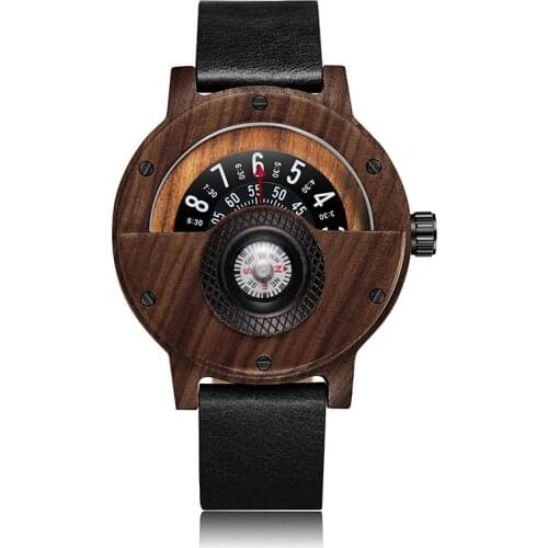 Unique Compass Turntable Number Design Mens Wooden Watch Men Brown Wood Leather Band Creative Natural Wood Wrist Watches Relogio