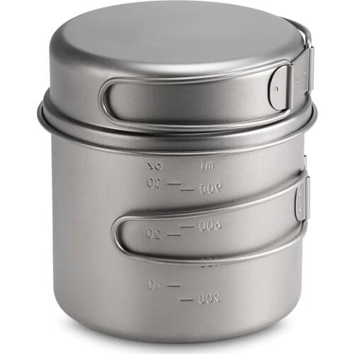 1100ML / 1600ML Titanium Pot Pan Set Water Cup Mug Titanium Cup Pot Super Lightweight Camping Cookware Set Folding Handle