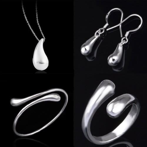 Jewelry Sets Silver Water Drop Wedding Bridal Jewelry Set Ring+ Necklace+Bangle+Earrings Solid Women