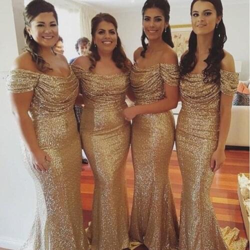 Champagne Gold Sequins Mermaid Bridesmaid Dresses Long Country Off Shoulder Beach Wedding Party Guest Gowns Maid of Honor Dress