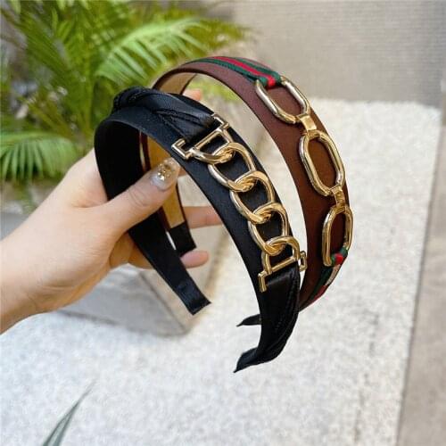 Wide Headband For Women Girl PU Leather Chain Vintage Retro Plaid Hair Band Accessories Korean New Wholesale Office Gift