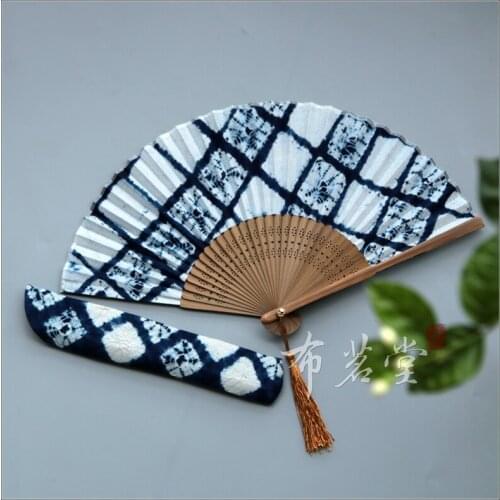 Handmade Tie-Dyed Fabric Folding Fan Plant Blue Dyed Synthetic Cotton Folding Fan Craft Folding Fan