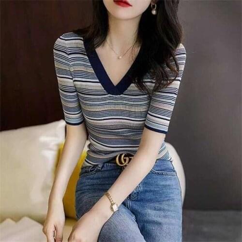 2021 Knitted Women V-Neck Sweater Pullovers Thin Summer Basic Women Striped Sweaters Pullover Slim Female Top